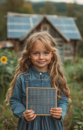 A joyful girl raises a solar panel outside her house, with lush green grass and forest in the backgroundの素材