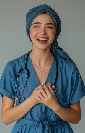Young nurse in blue scrubs and headscarf, with stethoscope, laughing and touching her chest, white backgroundの素材