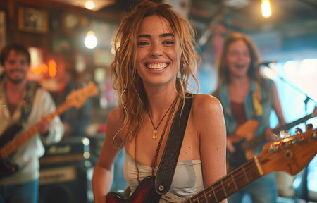 Female rock band performing and singing in a home studio, laughing and enjoying their music togetherの素材
