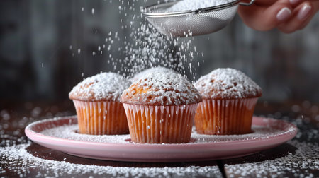 Hand sprinkling powdered sugar onto three muffins on a pink plate, creating a delightful, sweet sceneの素材
