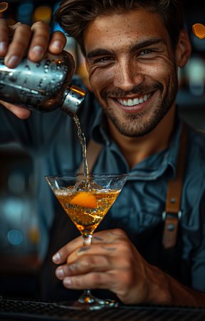 Barman pouring cocktail into martini glass while smiling and looking at camera, creating a welcoming atmosphereの素材