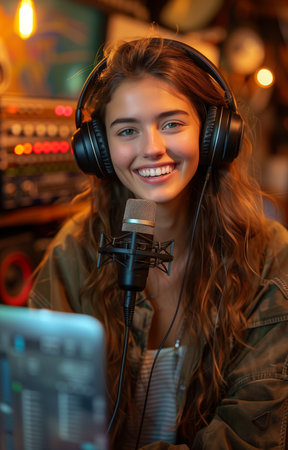 Young woman smiling, recording podcast or live streaming video in home studio, engaging audience with microphoneの素材