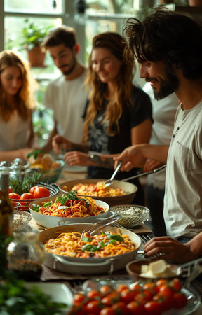 Friends enjoying a pasta meal together at home, celebrating and sharing the joy of a family dinnerの素材