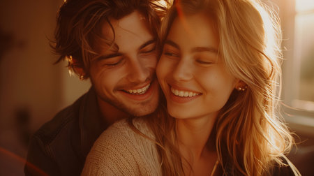 Young couple embracing and laughing in an empty new apartment, symbolizing excitement and new beginnings in real estateの素材