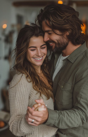 joyful couple dances in a modern house, with the man holding the woman's hand as she jumps and laughsの素材