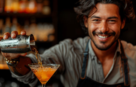 Barman pouring cocktail into martini glass while smiling and looking at camera, creating a welcoming atmosphereの素材