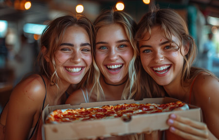 Three pals laughing, enjoying slices of pizza outdoors. Friends bonding, enjoying pizza on the sidewalkの素材