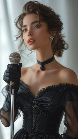 Beautiful young woman in a black dress and gloves standing with a microphone, singing passionately on stageの素材