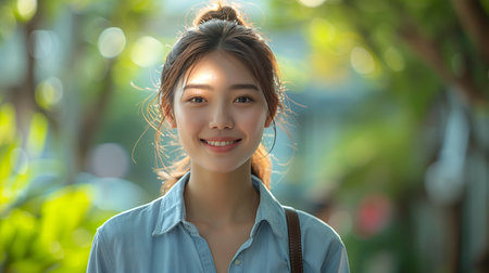 A young, beautiful, smiling Asian businesswoman walks outdoors in a blue shirt and white skirt, carrying her bagの素材