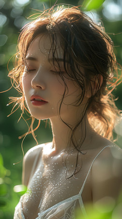 A serene Asian girl with closed eyes gently touches her arm, showing healthy beauty on a summer dayの素材