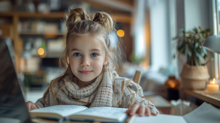 Young girl joyfully using a laptop, writing in a book, in a bright, modern white interiorの素材