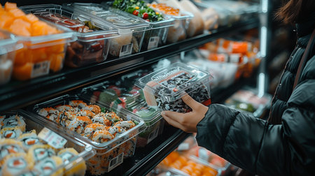 Businesswoman's hand holds unbranded transparent plastic bento container in Japanese style, on convenience store shelfの素材