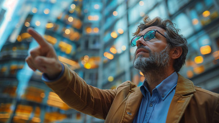 Businessman pointing skyward in a stock photo style, standing in front of a modern office buildingの素材