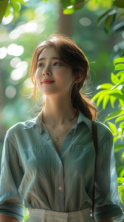 A young, beautiful, smiling Asian businesswoman walks outdoors in a blue shirt and white skirt, carrying her bagの素材