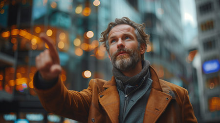 Businessman pointing skyward in a stock photo style, standing in front of a modern office buildingの素材