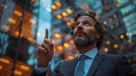 Businessman pointing skyward in a stock photo style, standing in front of a modern office buildingの素材