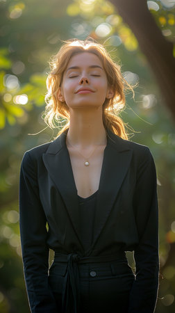Woman in her late thirties practicing deep breathing with eyes closed, hands on sides, outdoors under treesの素材