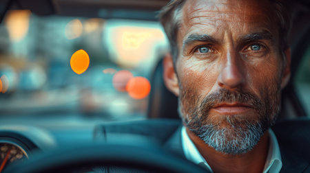 Middle aged man driving a car in a suit, hand on steering wheel, side view through windshieldの素材