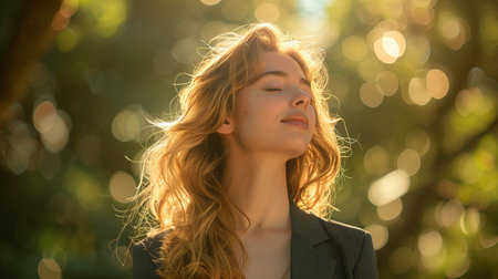 Woman in her late thirties practicing deep breathing with eyes closed, hands on sides, outdoors under treesの素材