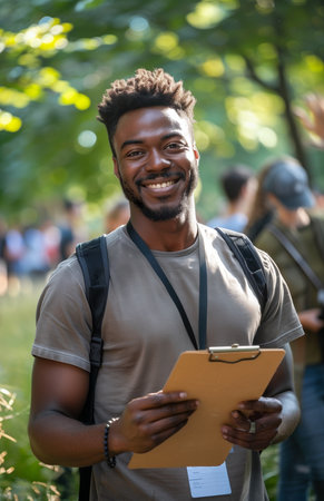Male charity worker organizes industrial garbage collection in park, holding clipboard and lanyard cardの素材