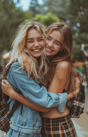 Two young women share an affectionate hug and kiss in a peaceful park settingの素材