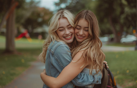 Two young women share an affectionate hug and kiss in a peaceful park settingの素材