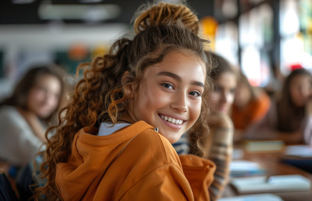 Smiling schoolgirl at desk glancing back as classmates move around in a lively classroomの素材