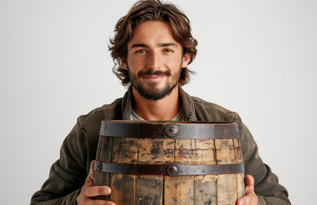 A man holds a wooden barrel against a white background, emphasizing simplicity and contrastの素材