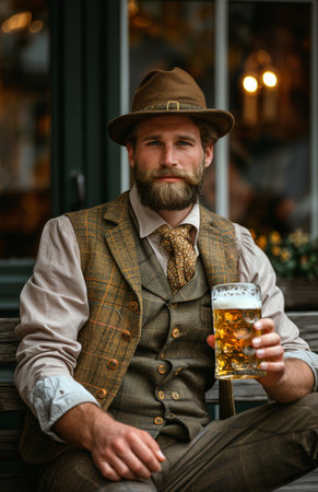 Handsome man in traditional Bavarian attire drinking beer from a large glass while sitting on a benchの素材