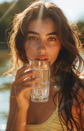 A young woman drinks water from a glass outdoors, basking in bright sunlight and enjoying the momentの素材