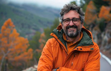 A cheerful man in an orange jacket stands on a road amidst lush greeneryの素材