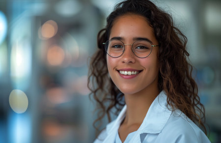 A young Hispanic woman in glasses and a lab coat smiles in a modern laboratoryの素材