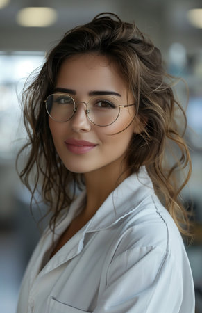 A young Hispanic woman in glasses and a lab coat smiles in a modern laboratoryの素材