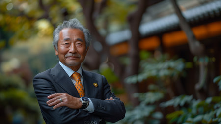 Japanese middle-aged man in a suit and tie smiling while checking his watch, surrounded by green treesの素材