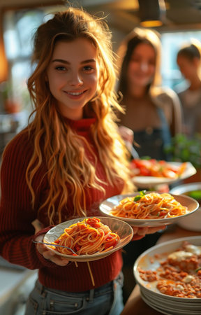 Friends enjoying a pasta meal together at home, celebrating and sharing the joy of a family dinnerの素材