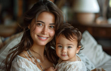 Mother joyfully sitting on sofa holding her baby boy in living room, wearing a white shirtの素材
