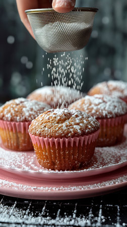 Hand sprinkling powdered sugar onto three muffins on a pink plate, creating a delightful, sweet sceneの素材
