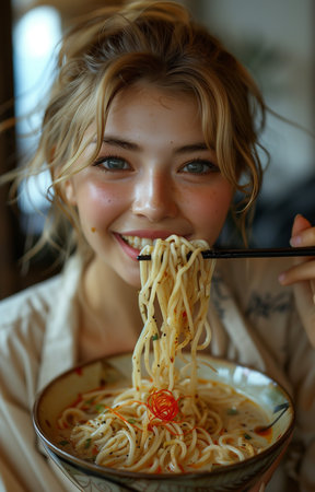 Young woman enjoying a bowl of ramen at a restaurant table, savoring the flavors and atmosphereの素材