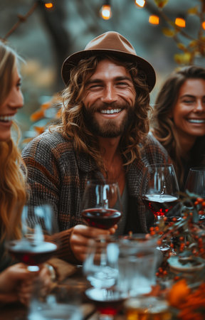 diverse group of friends toasting with red wine in a vineyard, happily celebrating at an autumn festivalの素材