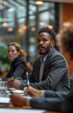 Business meeting with presenter standing at table, attendees listening and taking notes in an officeの素材