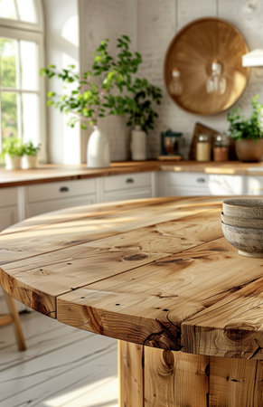 Empty round wooden tabletop in a bright, clean kitchen interior, ready for meal preparationの素材