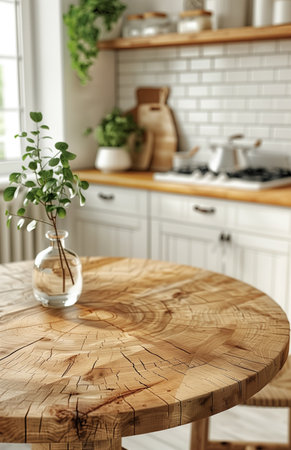 Empty round wooden tabletop in a bright, clean kitchen interior, ready for meal preparationの素材