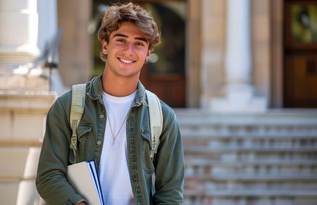 A charming young male student, holding a notebook, standing in front of the university building, smiling brightlyの素材
