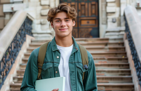 A charming young male student, holding a notebook, standing in front of the university building, smiling brightlyの素材