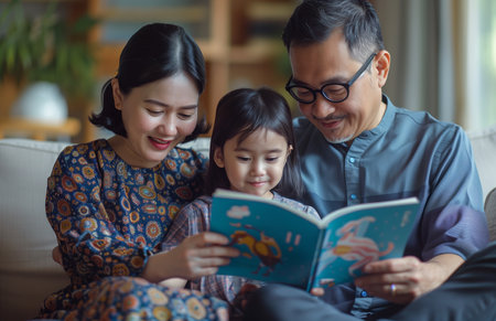 Family reads together on the sofa, parents and daughter enjoy a blue picture book at homeの素材