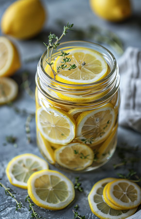Lemon slices and thyme arranged in a jar against a light backgroundの素材