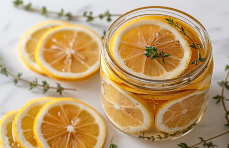 Lemon slices and thyme arranged in a jar against a light backgroundの素材