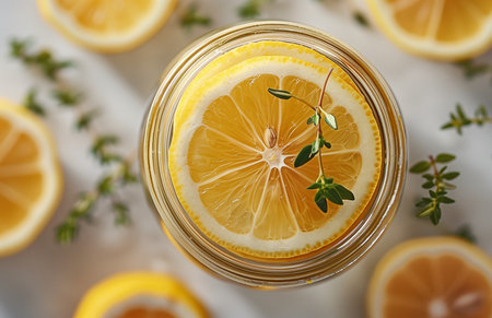 Lemon slices and thyme arranged in a jar against a light backgroundの素材