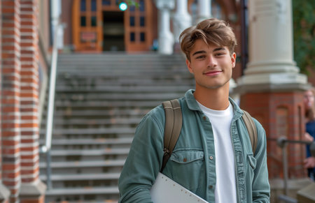 A charming young male student, holding a notebook, standing in front of the university building, smiling brightlyの素材