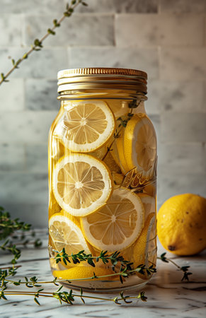 Lemon slices and thyme arranged in a jar against a light backgroundの素材